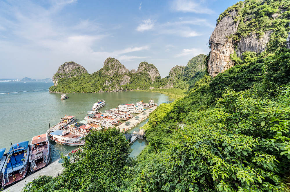 Boten aangemeerd in Ha Long Bay